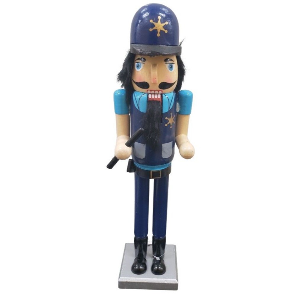 Wooden Christmas Nutcracker w/defect 15" WHITE MALE POLICE OFFICER WITH BATON,BO
